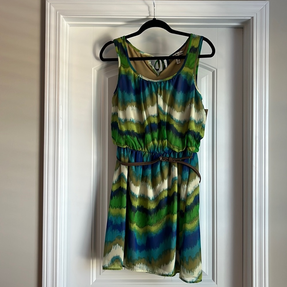 Belted blue green dress